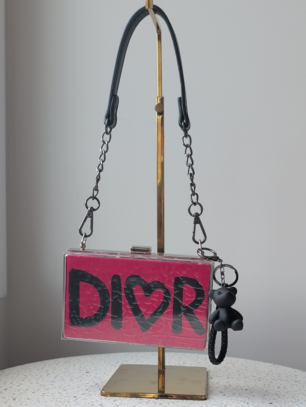 Upcycled Dark 🩷 🖤 Acrylic Logo Box Clutch with Silver Chain Strap + Key Charm